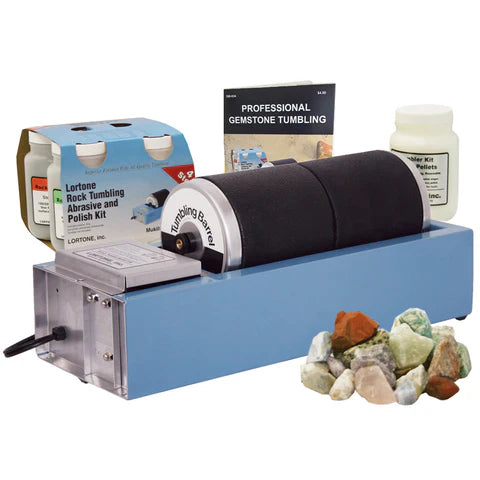 Lortone rotary rock tumbling kit with dual 3 lb rubber barrels, polishing kit, and rough stones for gemstone tumbling