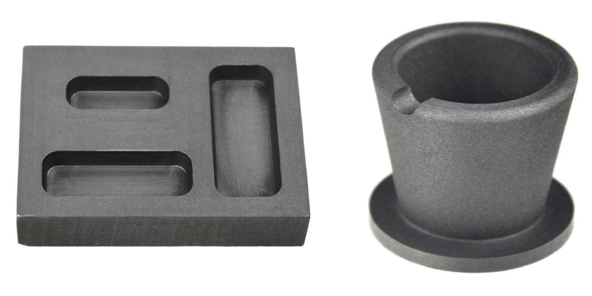 Gold graphite ingot mold with 1/4, 1/2, 1 oz cavities and 10 oz graphite crucible cup melting set