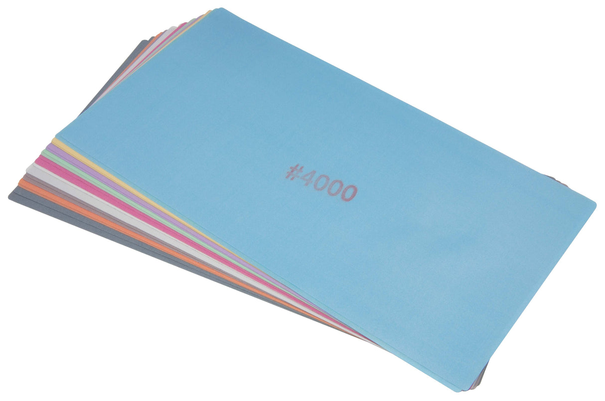 18-pack assorted slurry-coated polishing sheets in multiple colors with #4000 grit for metal, plastic, and composite surface finishing