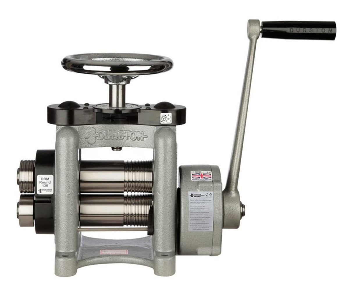 Round Durston Rolling Mill 130 R E with adjustable rollers and manual hand-crank for precise metal thickness reduction in jewelry making.