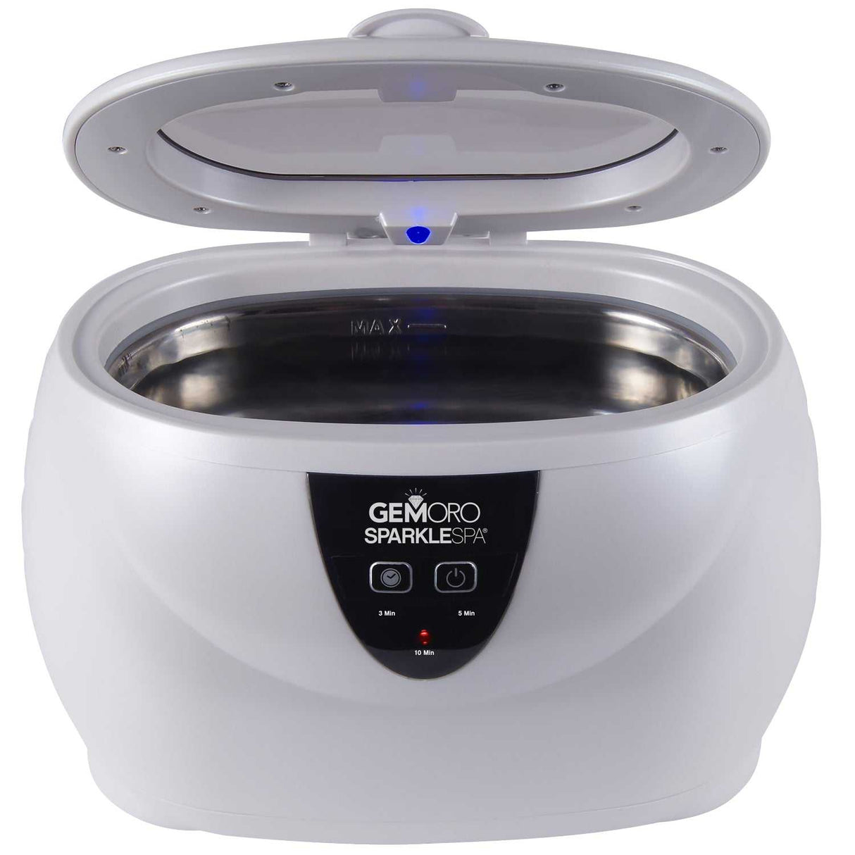 GEMORO Sparkle Spa Ultrasonic Jewelry Cleaner in White Pearl on vanity countertop