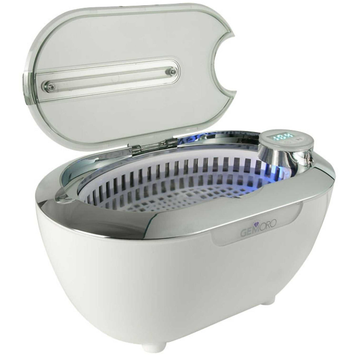 GEMORO LuxeSpa ultrasonic jewelry and eyeglass cleaner with touch sensor control and accessories on countertop