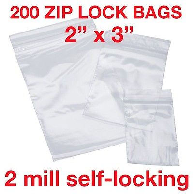 200 piece clear 2x3 inch 2 mil zip lock bags reusable plastic baggies
