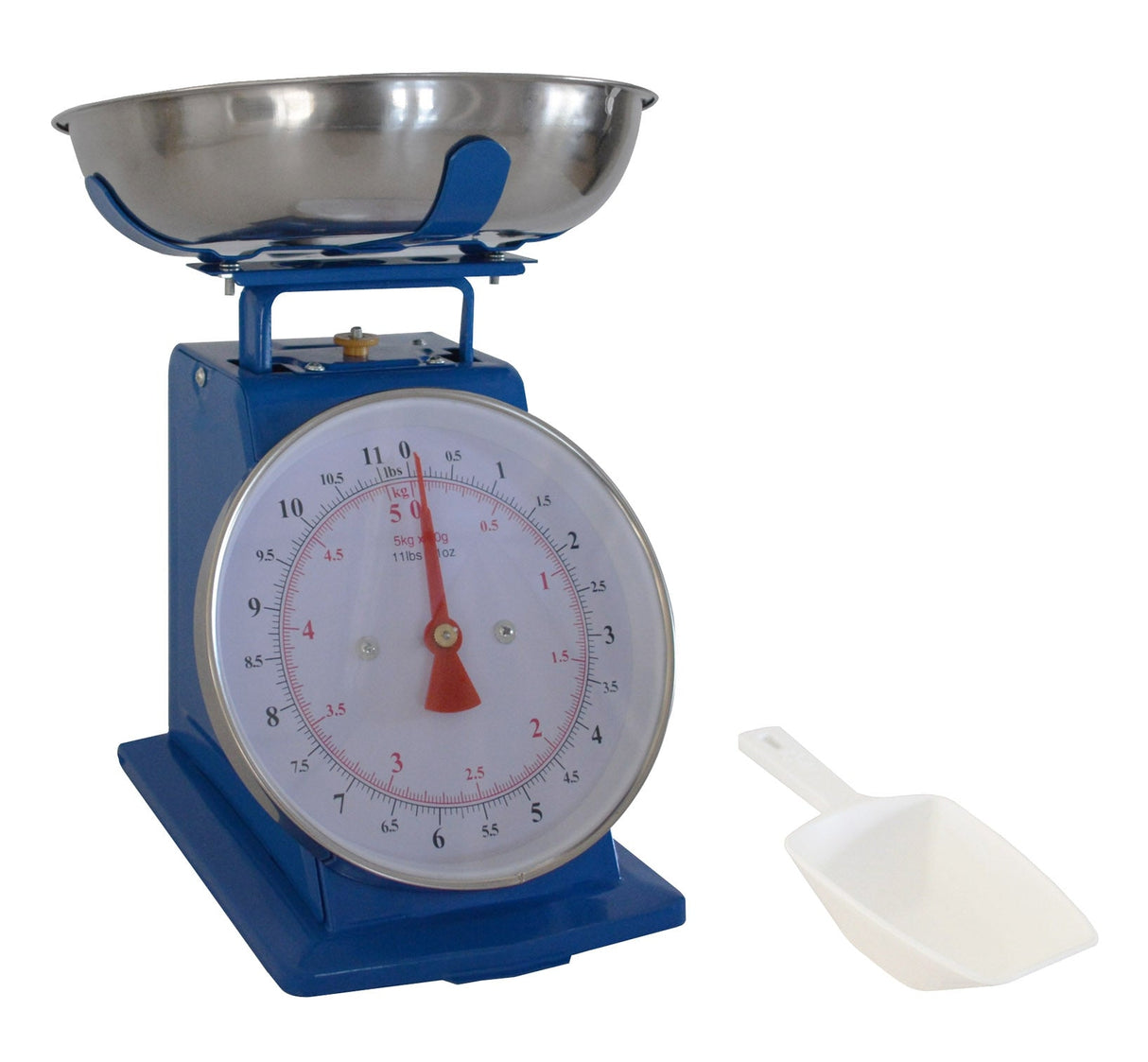 Blue investment scale with 11 lb capacity, 4-inch dial, and clear red and black numerals with white scoop