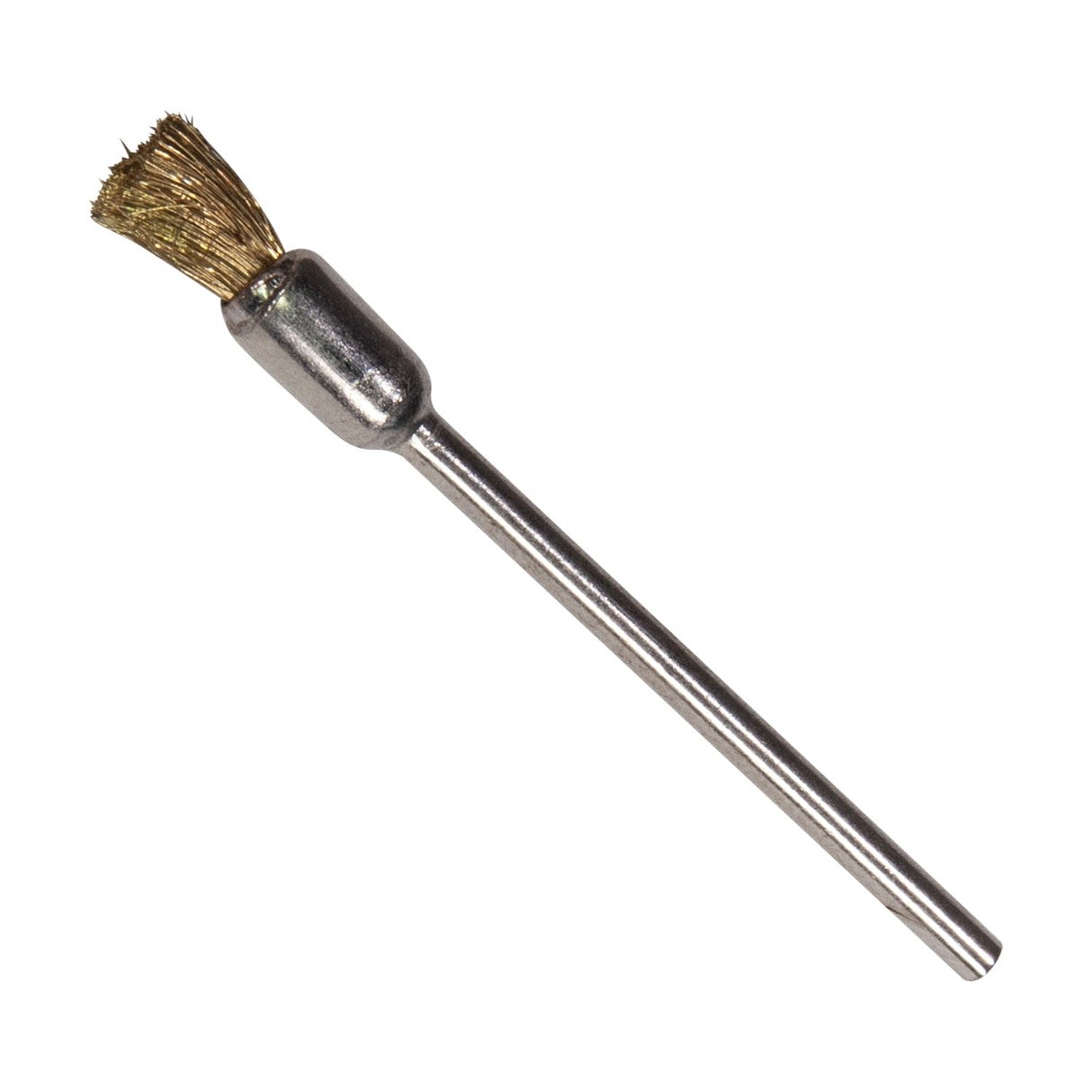 1/4 inch brass end brush with straight bristles and 3/32 inch mandrel for rotary tools