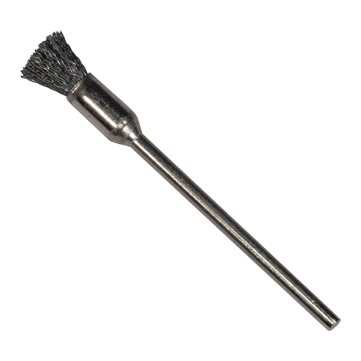 1/4 inch end steel brush with crimped bristles and 3/32 inch mandrel for precision cleaning