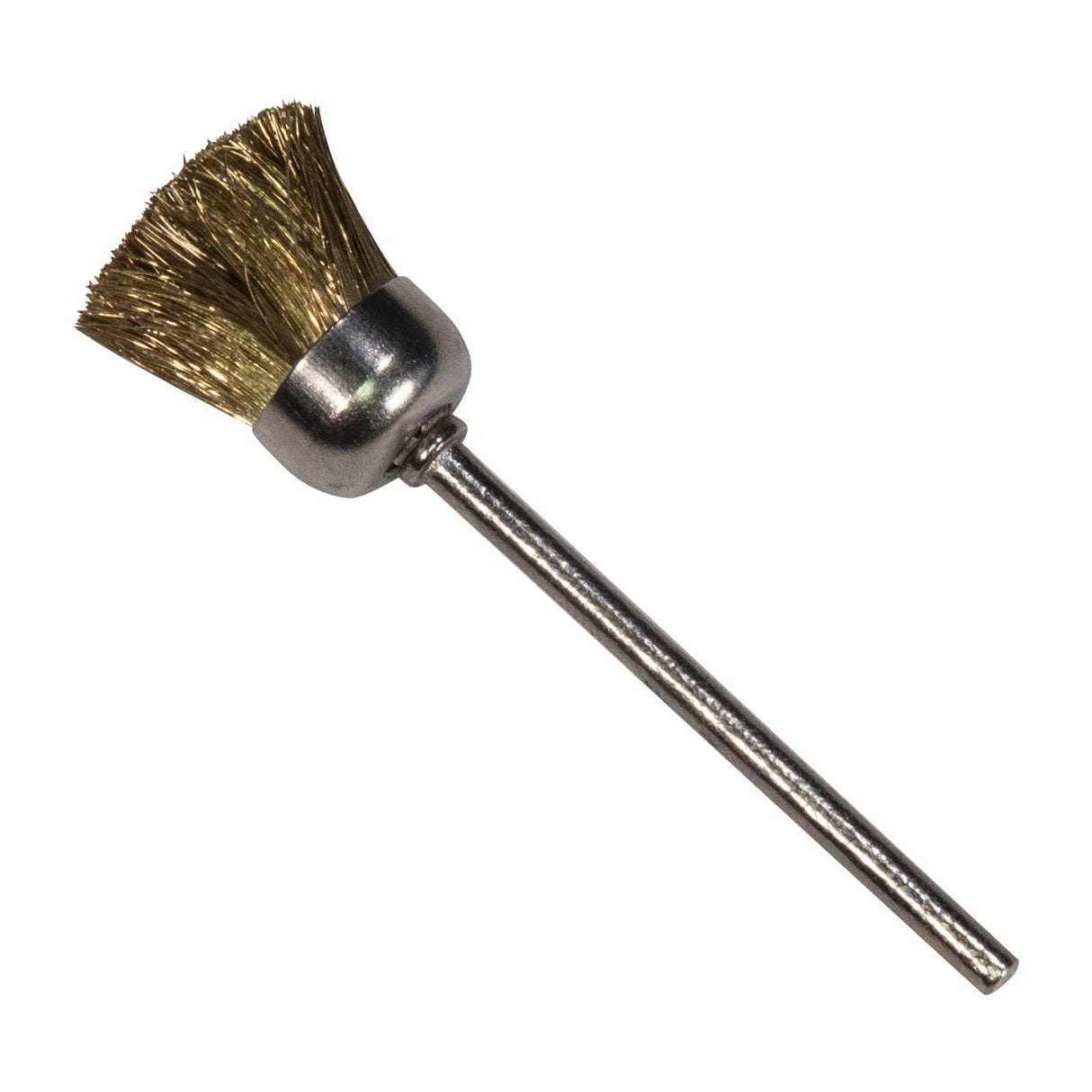 1/2 inch brass cup brush with straight shank and 3/32 inch mandrel for metal deburring and finishing