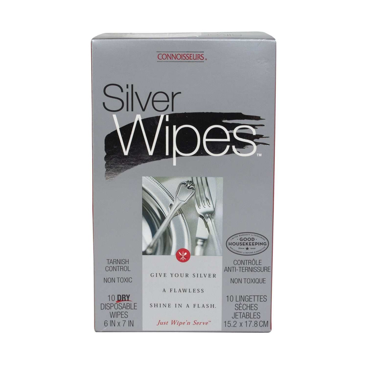 Connoisseurs Silver Polishing wipes in a silver-gray package, featuring large white “Silver Wipes” lettering and a silverware image.