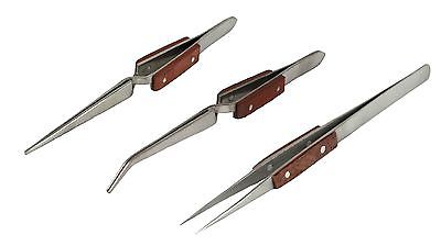 3-piece Fiber-Grip soldering tweezers set with curved, straight, and non-locking stainless steel tips for precision handling