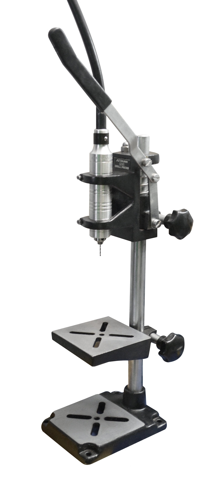Drill press stand securely holding a handpiece for precise vertical drilling and stable positioning
