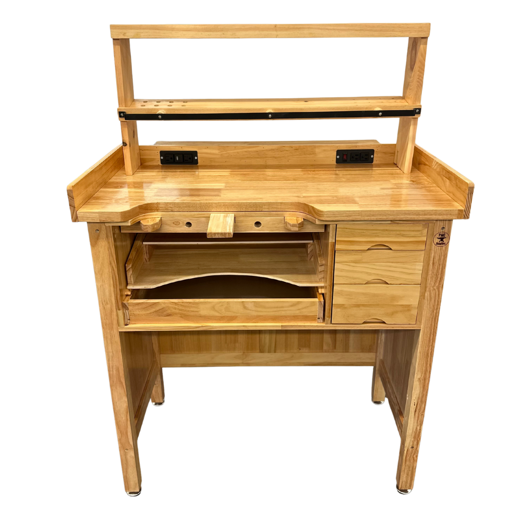 Deluxe solid wooden jeweler’s bench set with shelf organizer, built-in power outlets, and USB ports for professional jewelry making.