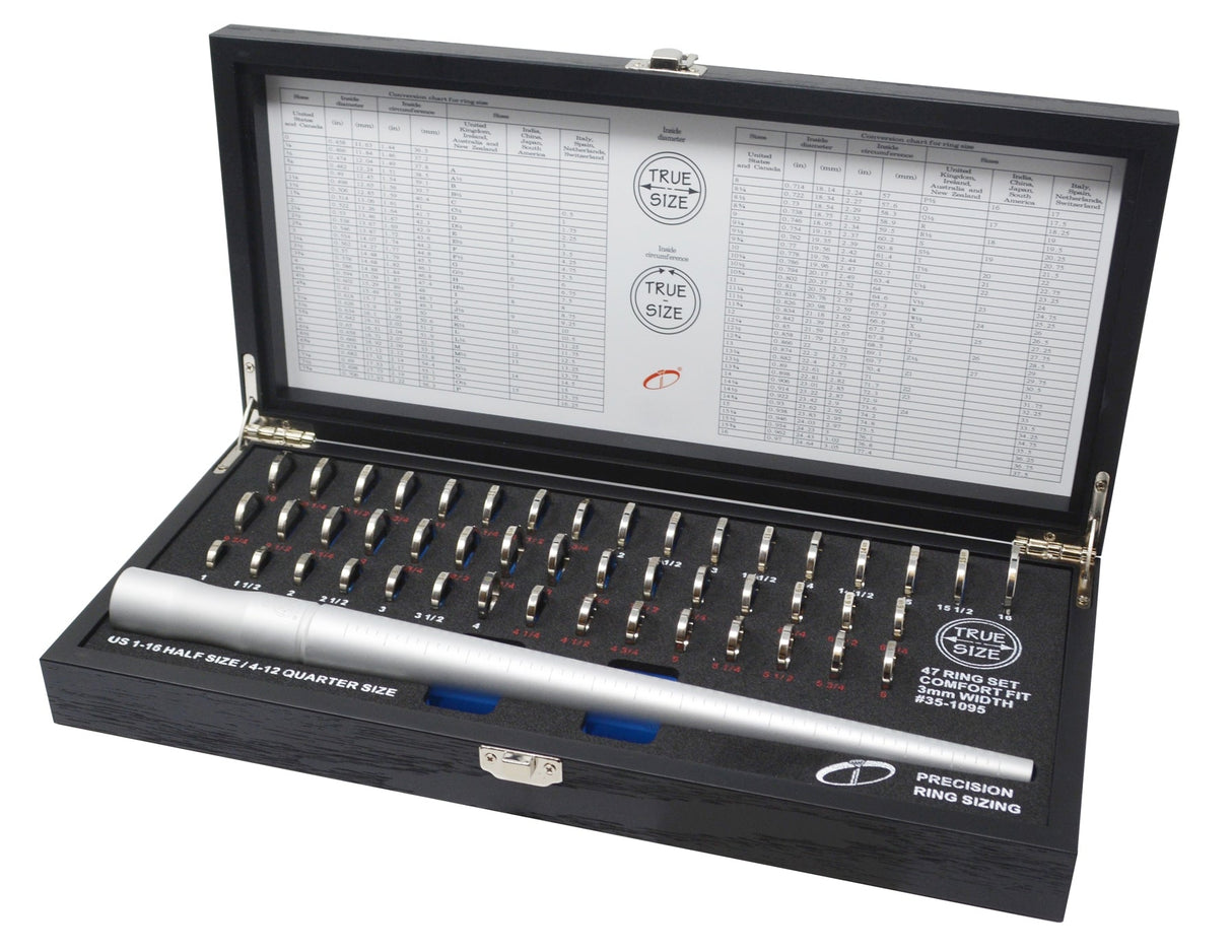 Ikohe TRUE-SIZE 3 mm ring sizing kit with 47 rings sizes 1 to 16 in a black wooden case