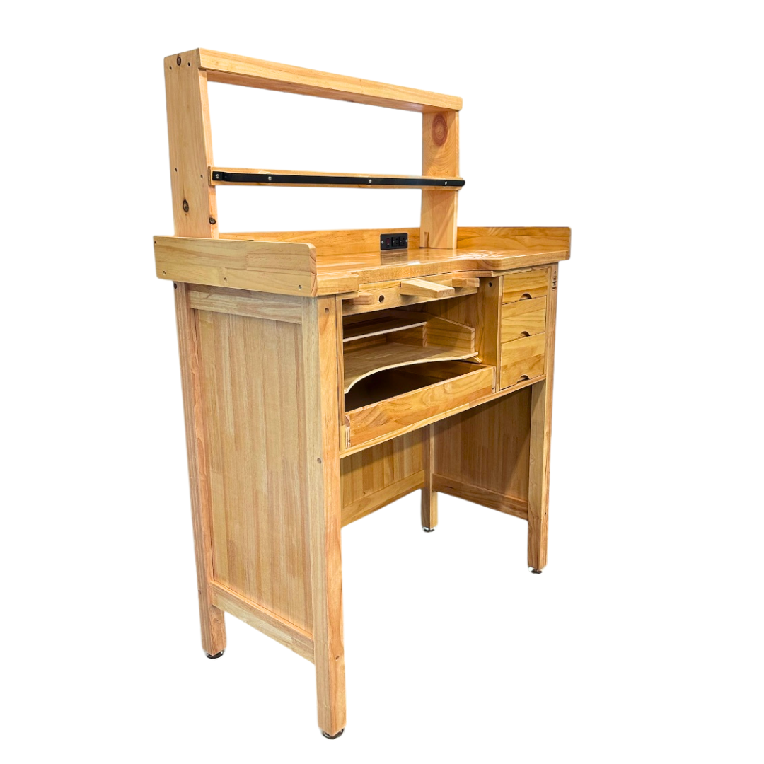 Deluxe Solid Wooden Jeweler’s Bench Set with Shelf Organizer, Chair & Built-In Power Outlets + USB Ports