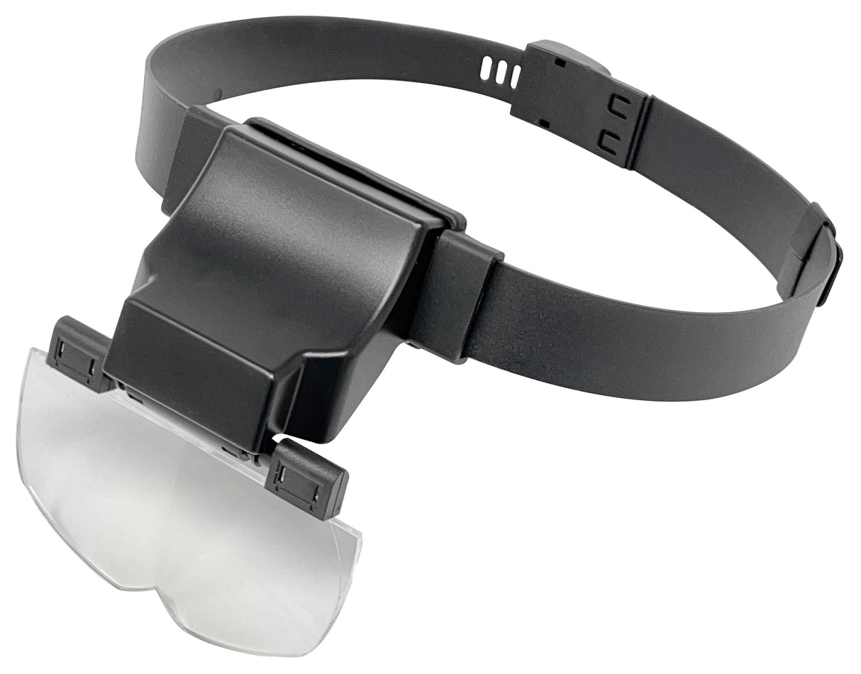 Maxview/Lite Mount head mount loupe with adjustable black strap and four interchangeable flip-up lenses for close-up work