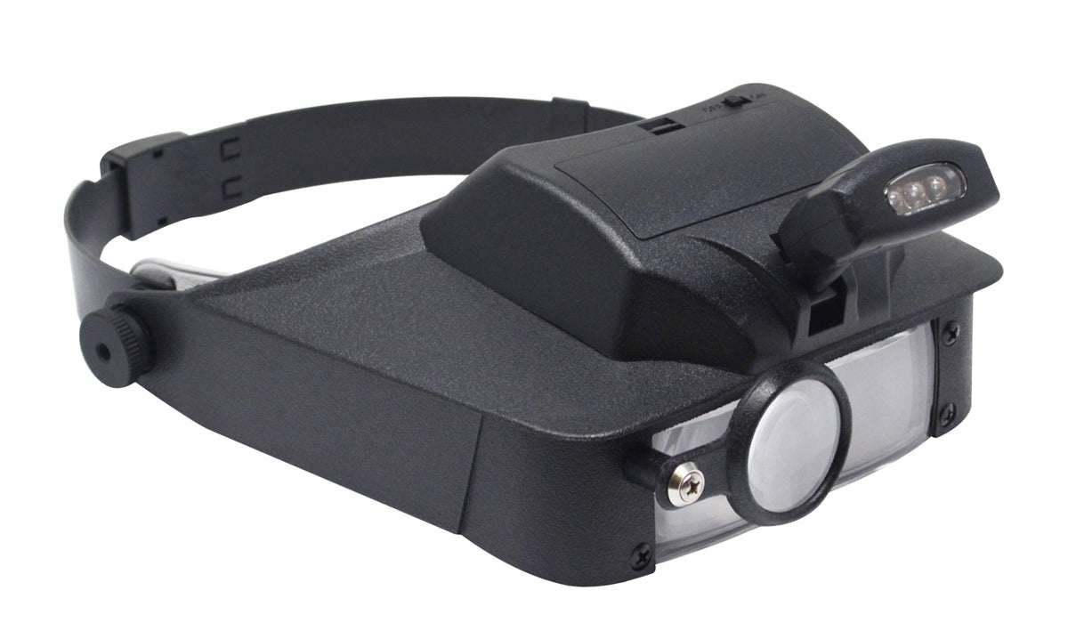 Head-Loupe Magnifier with LED light and four interchangeable lenses on ergonomic headband for hands-free close-up work