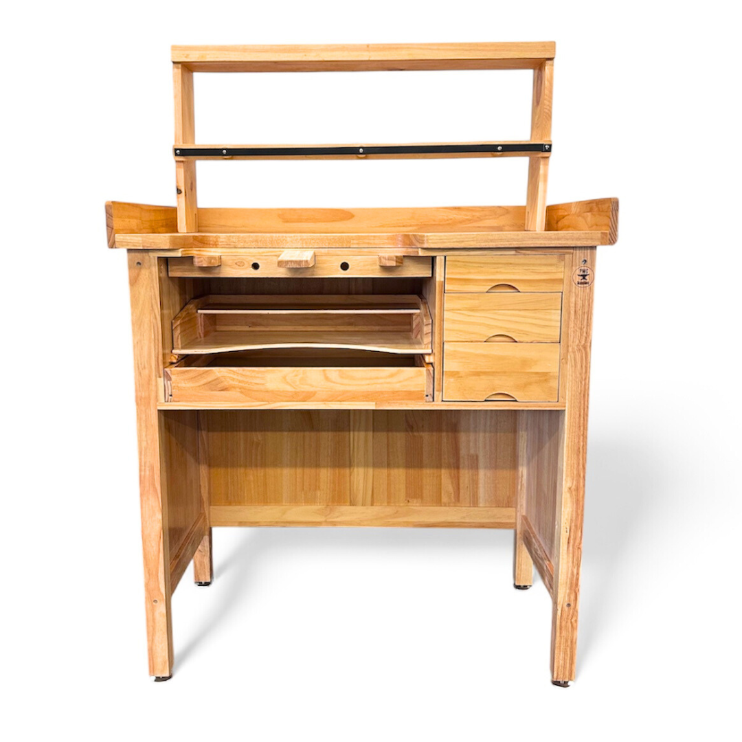 Deluxe solid wooden jewelers bench with shelf organizer and drawers for jewelry making workstation