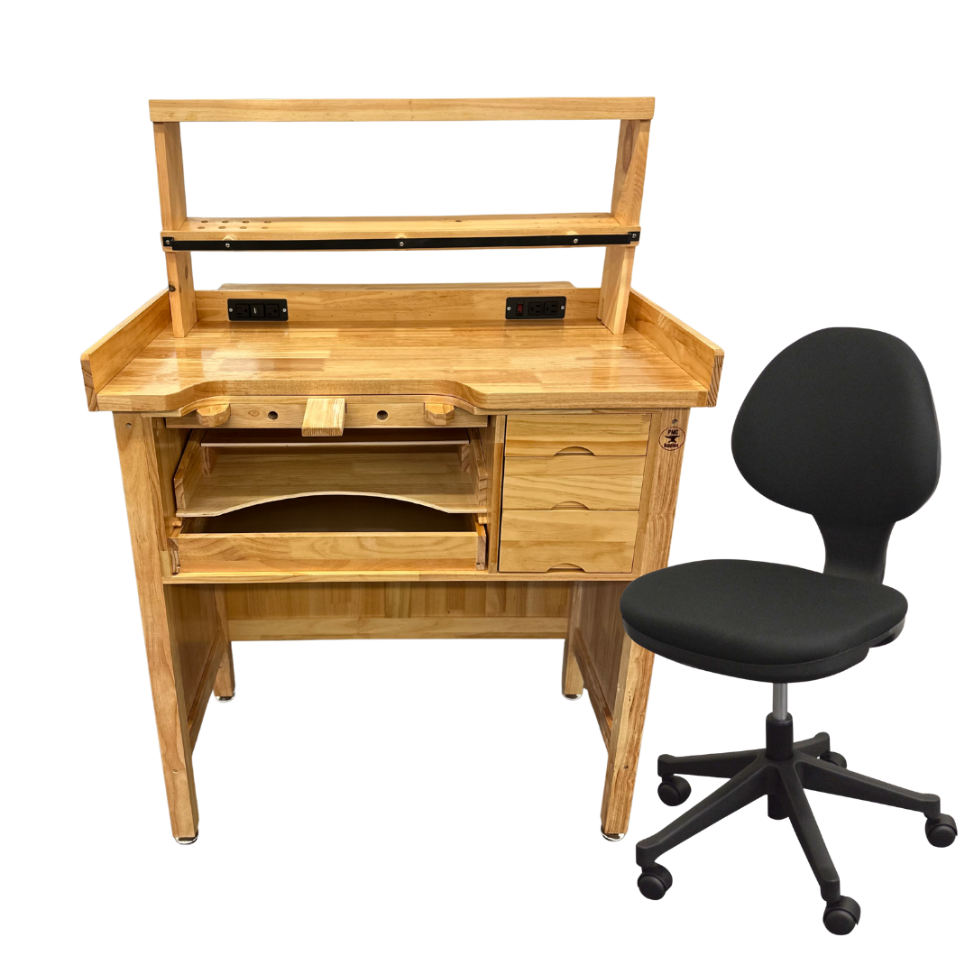 Deluxe Solid Wooden Jeweler’s Bench Set with Shelf Organizer, Chair & Built-In Power Outlets + USB Ports