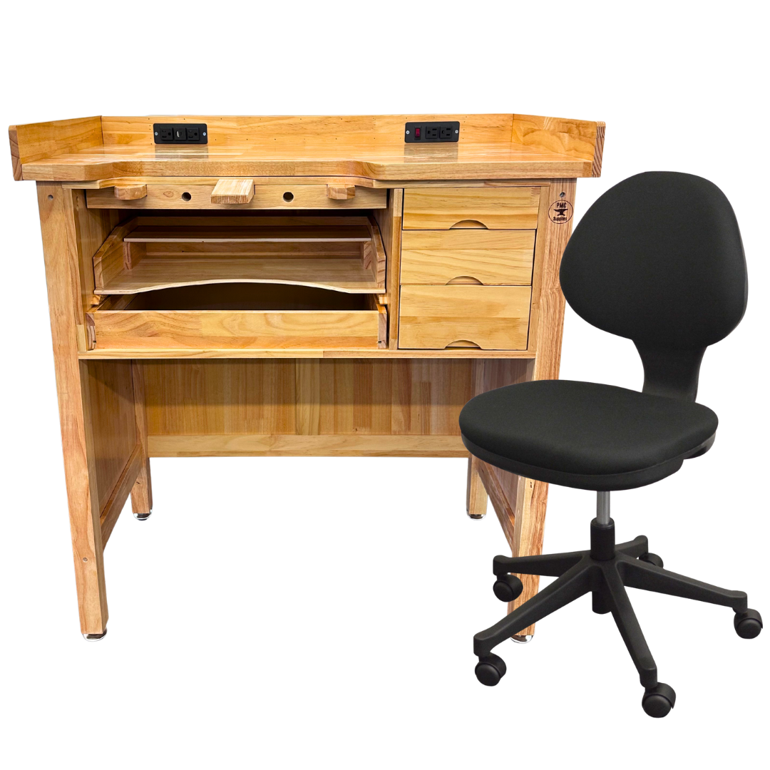 Deluxe Solid Wooden Jeweler’s Bench with light natural wood grain, drawers, shelves, built-in outlets, and a black adjustable chair.