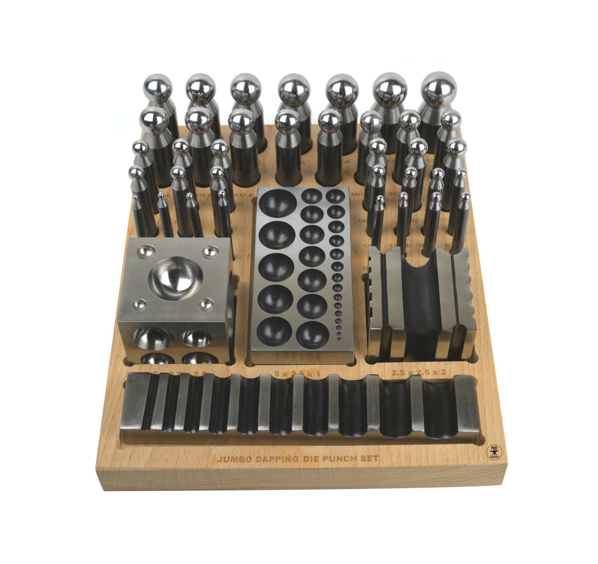 41-piece steel dapping and doming punch set with wooden block base for metalworking and jewelry making