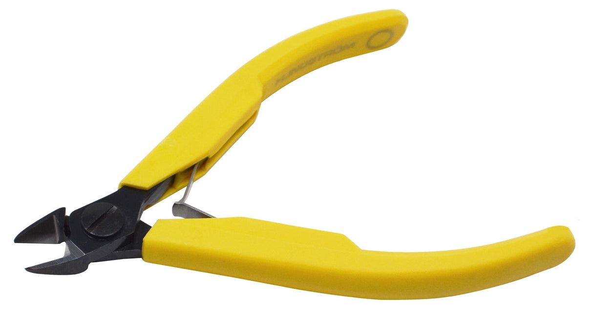 Lindstrom 8141 Flush Diagonal Cutters with yellow handles and black anodized cutting edges for precision jewelry making