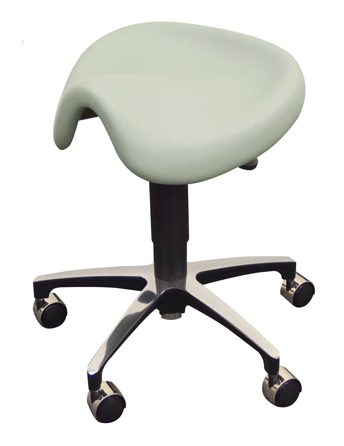 Green Jewelers Saddle Stool chair with ergonomic curved seat and tilting mechanism for precision work