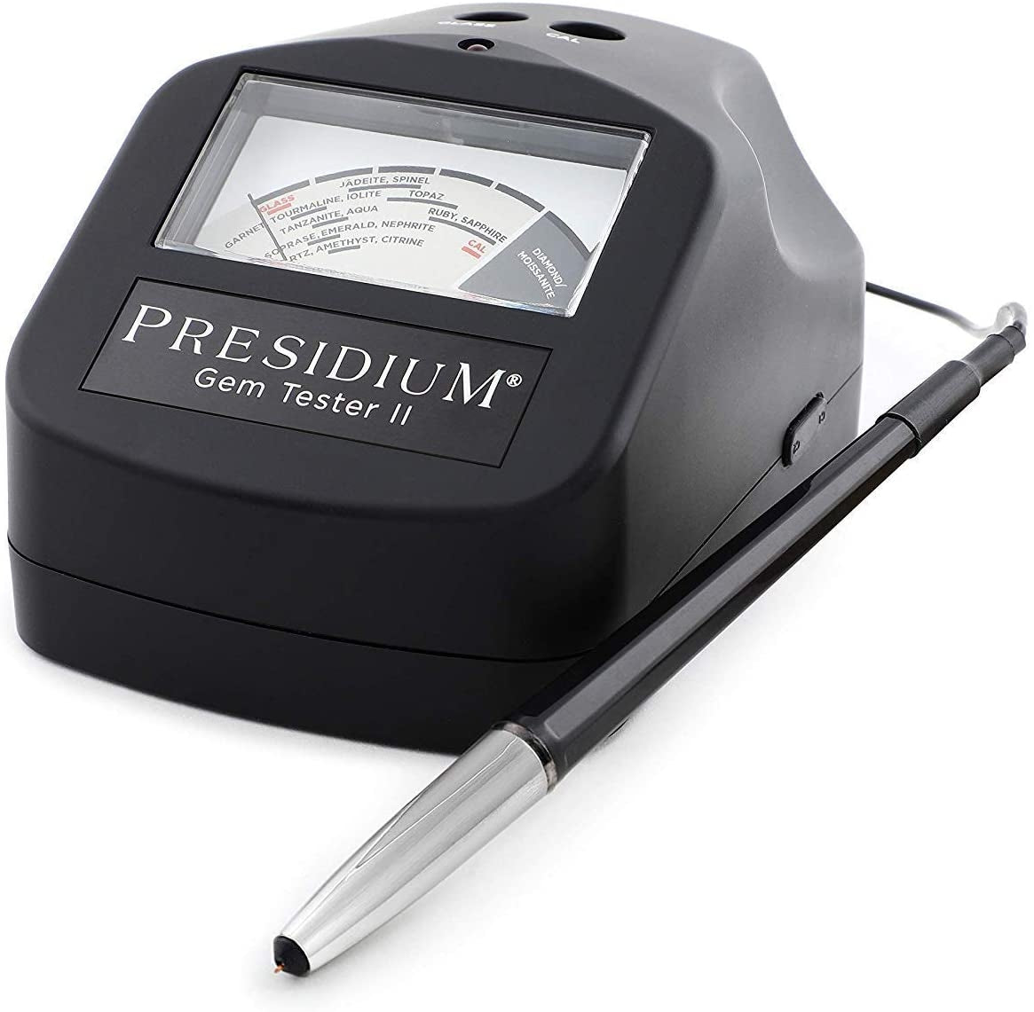 Presidium Gem Tester II device for identifying diamonds, moissanite, and common colored gemstones with handheld probe