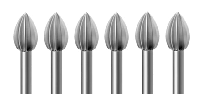 Set of 6 Bud burs 0.90 mm dental cutting tools with Swiss-milled Vanadium steel and 3/32" shanks for precision and durability