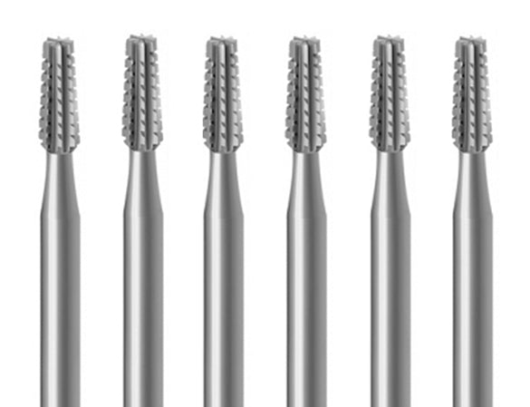 6 pack of 1.40mm cross cut cone burs made from Swiss-milled Vanadium steel for precision grinding and contouring.