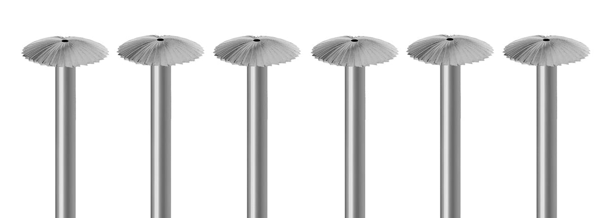 Set of six 1.60 mm knife edge cutter burs made from Swiss-milled Vanadium steel with 3/32" shanks for quick-change handpiece compatibility.