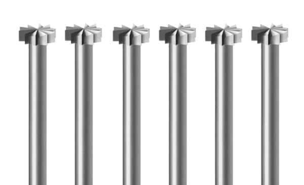6 pack of 0.70 mm wheel burs made of durable Swiss-milled vanadium steel for precision dental and lab use