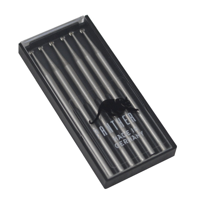 Set of six 1.5mm Panther Round Burs with 3/32" shanks in a black case for precision dental and lab work