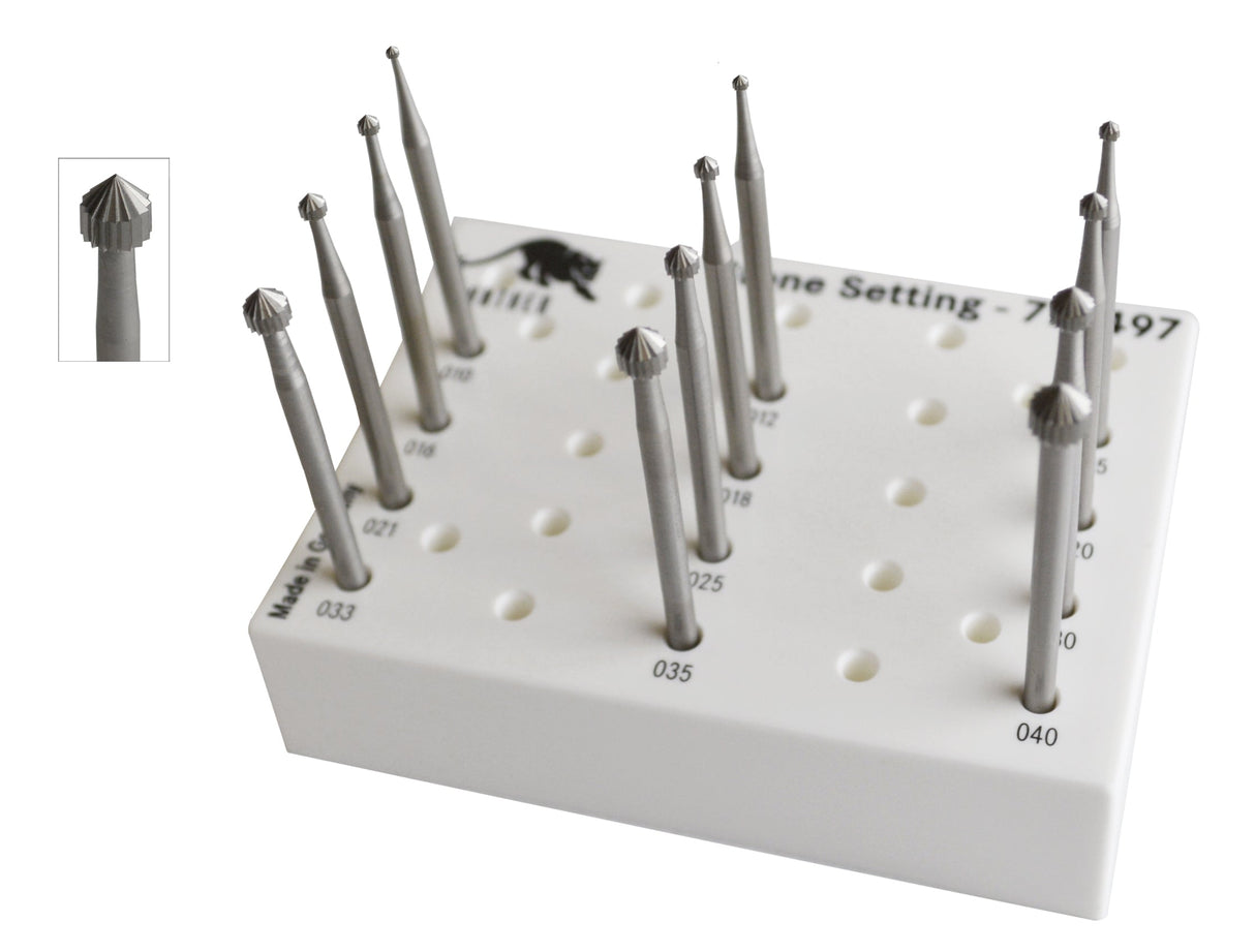 12-piece Panther Stone Setting Bur Set in white holder, sizes 1.00 to 4.00 mm, hardened tool steel for jewelry stone setting