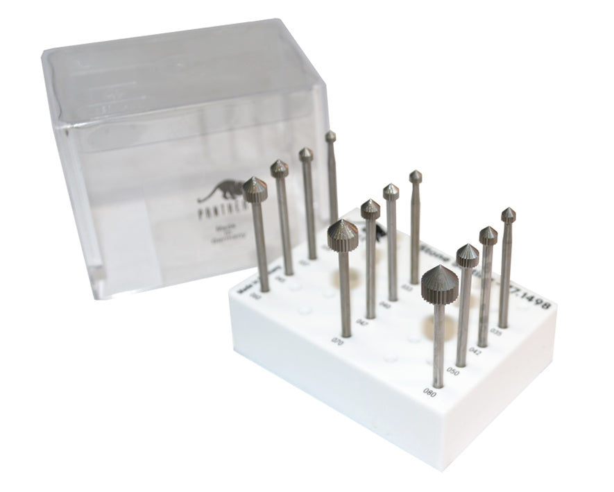 12-piece Panther stone setting bur set with sizes 3 to 8 mm in a white holder and clear plastic cover