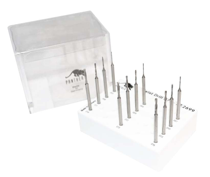 12-piece Panther Twist Drill Set with sizes 0.50 to 1.60 mm in a clear plastic storage case for precision metalworking and electronics projects