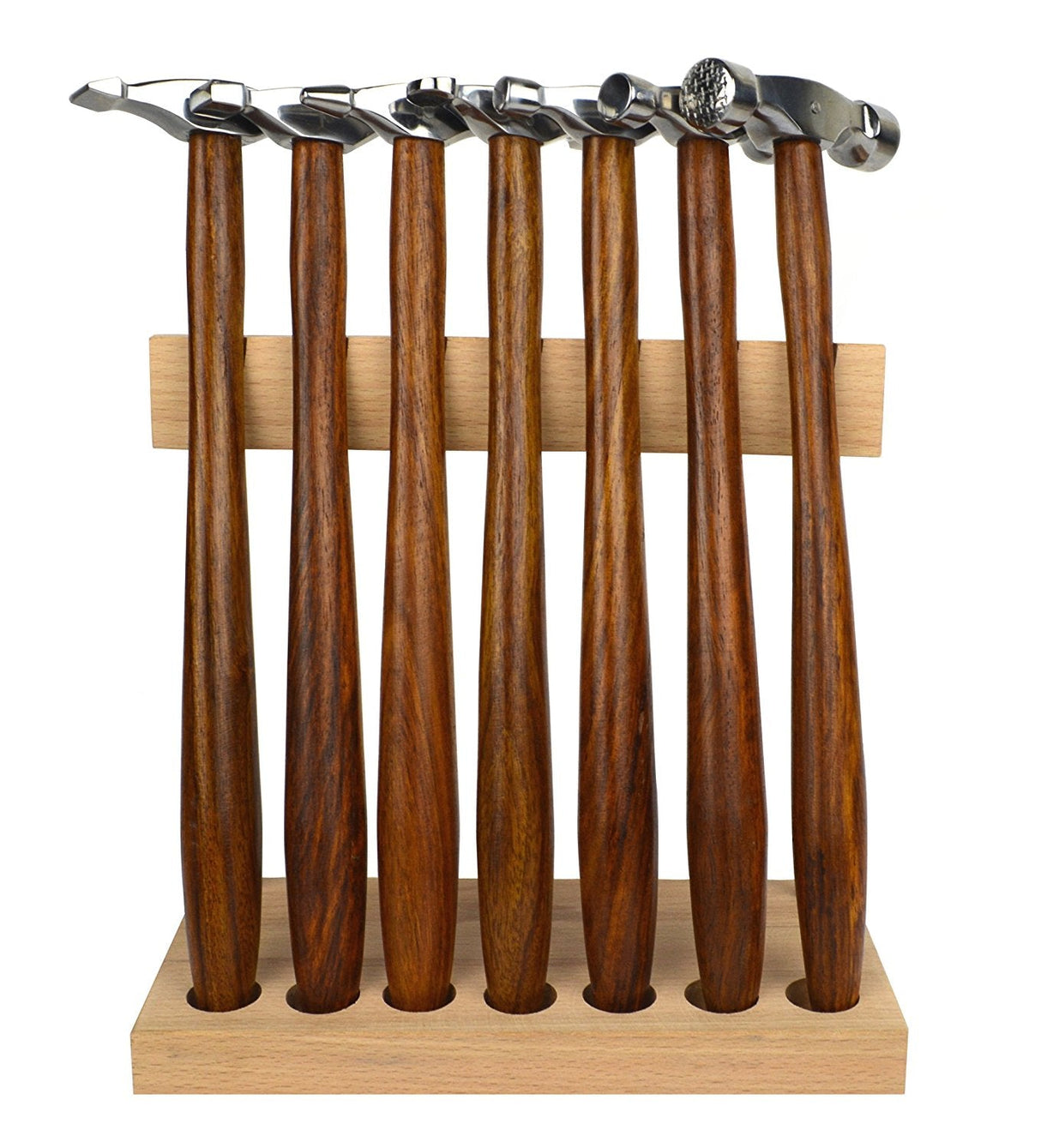 7-piece professional hammer set with polished steel heads and cherry wood handles on wooden storage stand for jewelry making