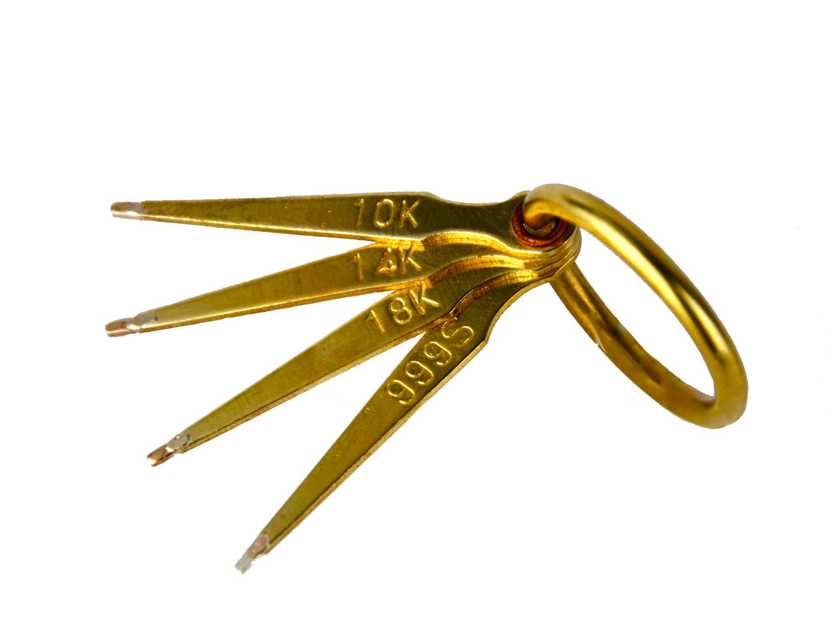 Gold .999 silver testing needle set with 10K, 14K, 18K needles on ring for karat verification