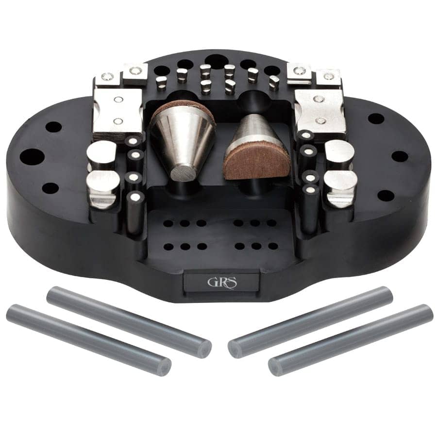 GRS 520 Attachment Set with clamps, spacers, and fixtures for GRS ball vises, designed for precise workholding in woodworking and machining.