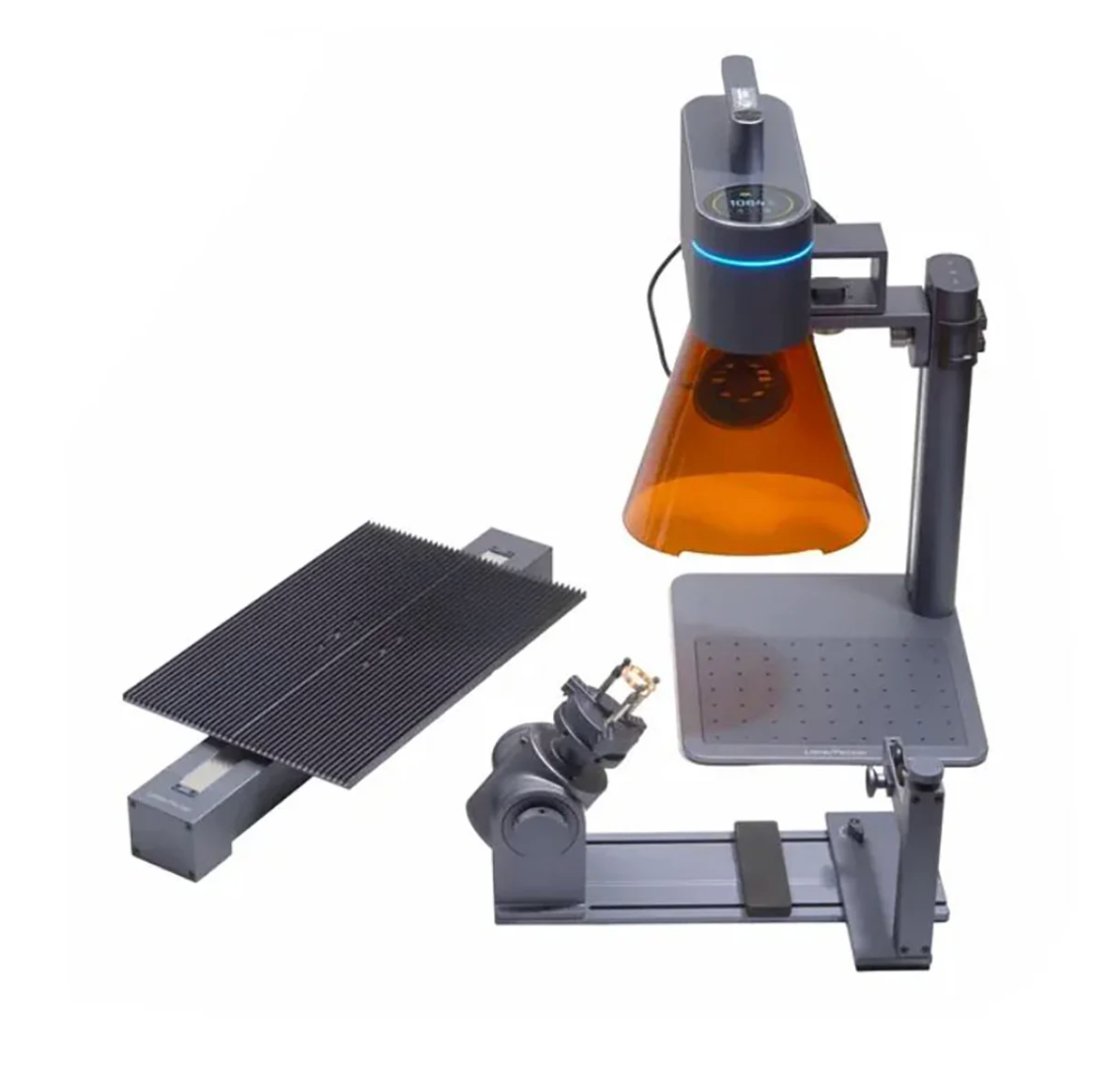LaserPecker LP4 Deluxe dual laser engraver with rotary and slide extensions for versatile engraving on flat and cylindrical materials