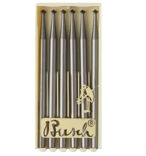 Busch 90° Hart Bur set of six 2.0 mm tungsten vanadium steel burs for precise jewelry stone setting and fine metalwork.