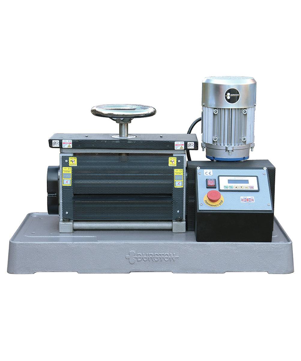 Durston DRM F300 powered rolling mill with hand wheel and control panel for metal sheet rolling