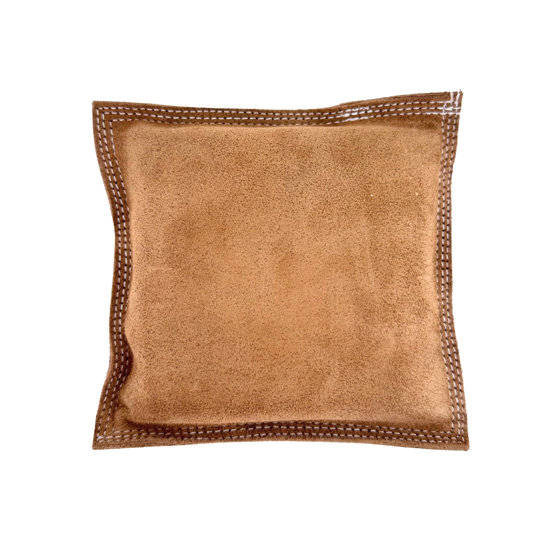 6-inch square leather sand bag with durable stitched edges for stable engraving and metalworking support