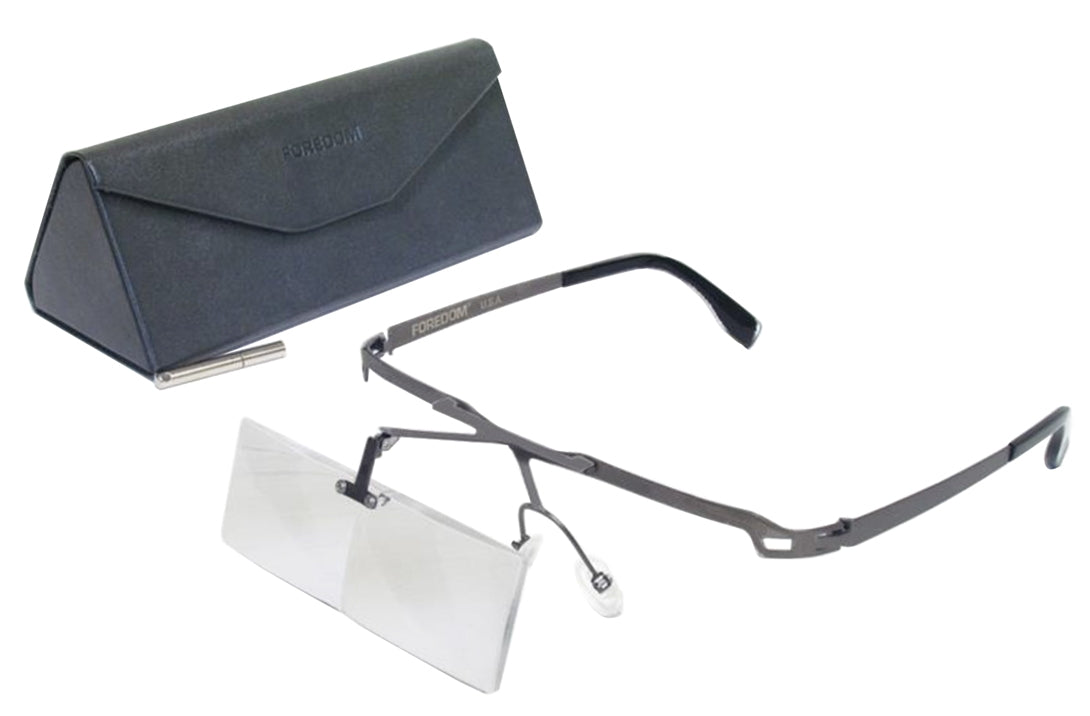 Foredom 2X Lens Magnifiers with 13" focal length, acrylic double lenses, ergonomic frame, and protective case.