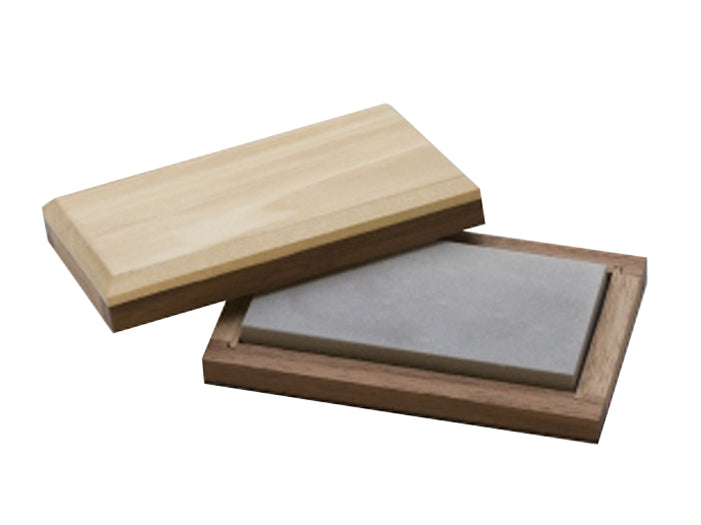 Mounted Hard Fine Bench Stone with natural Arkansas sharpening stone and wooden case, 4x2 inches