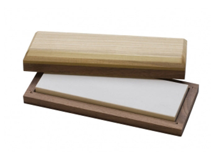 Mounted Hard Fine Bench Stone 6x2 inch natural Arkansas sharpening stone with wooden case for precise knife edge maintenance