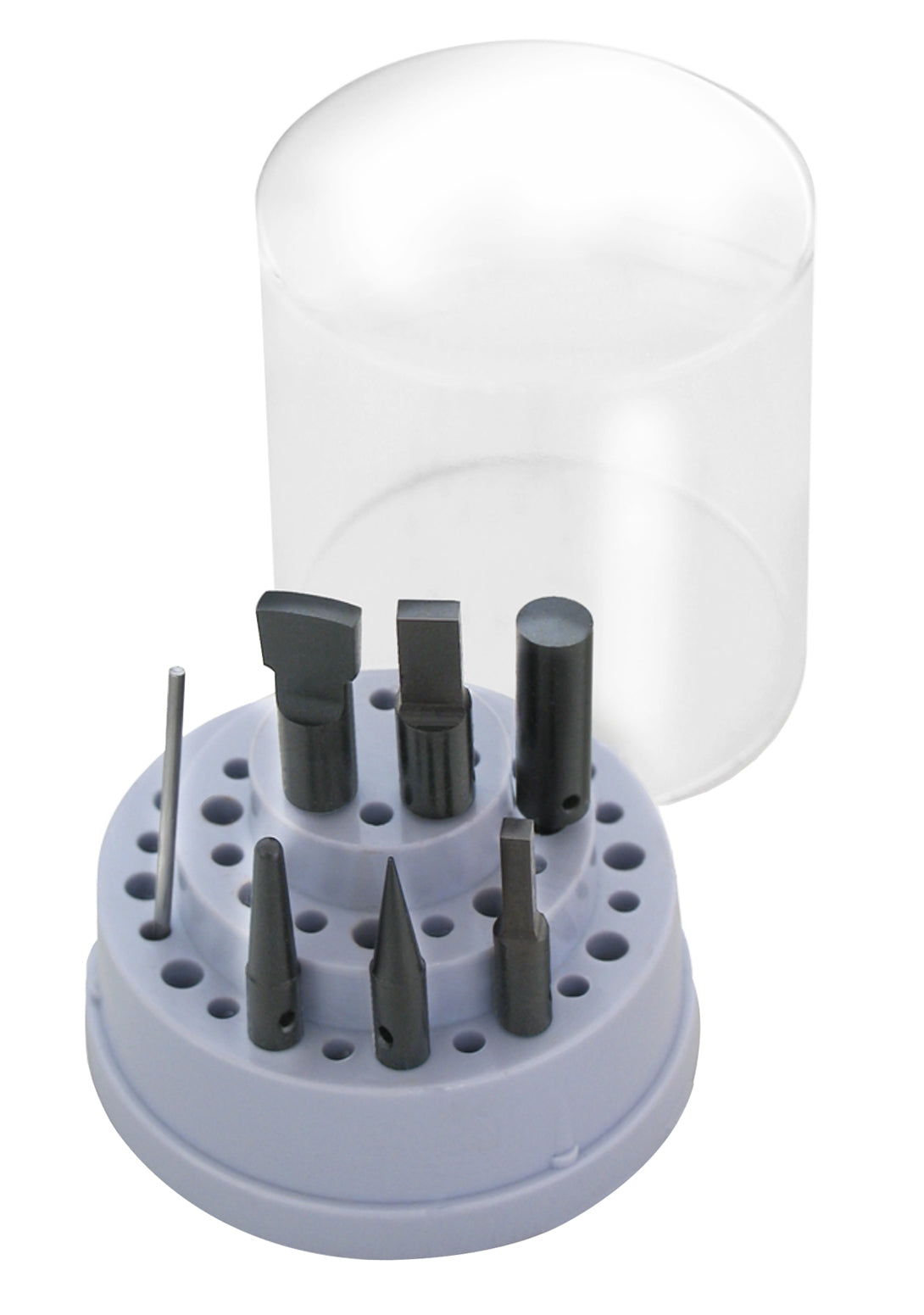 6-piece Foredom Hammer Handpiece point assortment set in plastic holder with clear lid