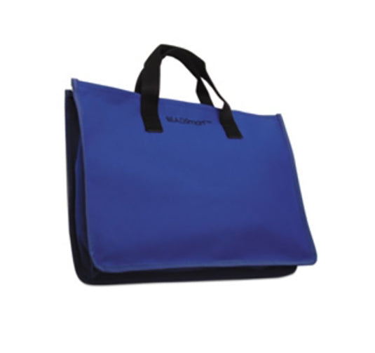 11" x 15" flat-opening blue canvas tote bag with black handles for organizing beads and tools