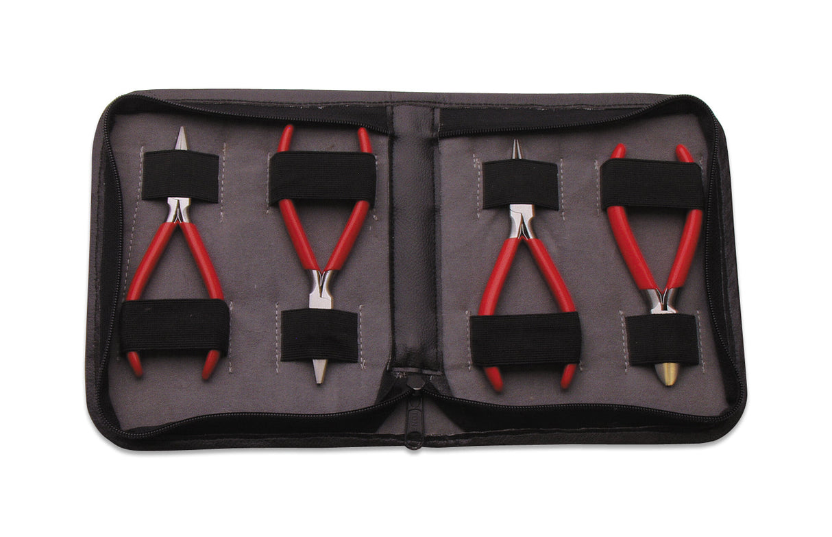 Black plier pouch with zipper holding four red-handled pliers in a compact black leatherette case