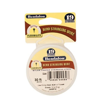 30' spool of 0.10" Beadalon 19 wire with 19-strand stainless steel core and nylon coating for bead stringing.
