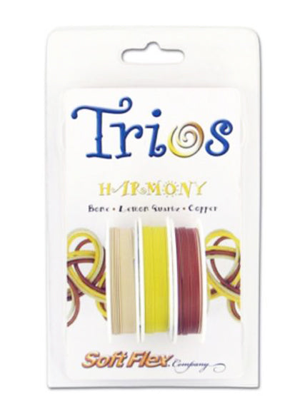 Soft Flex Trio jewelry wire set in Bone, Lemon Quartz, and Copper colors, 0.19 inch gauge, tarnish-resistant for wire wrapping and beadwork