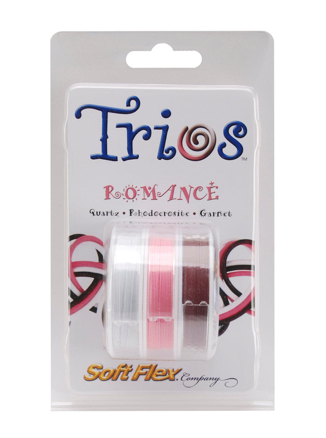 Soft Flex Trio Romance jewelry wire set with Quartz, Rhodochrosite, and Garnet colors in 0.19 inch diameter flexible strands